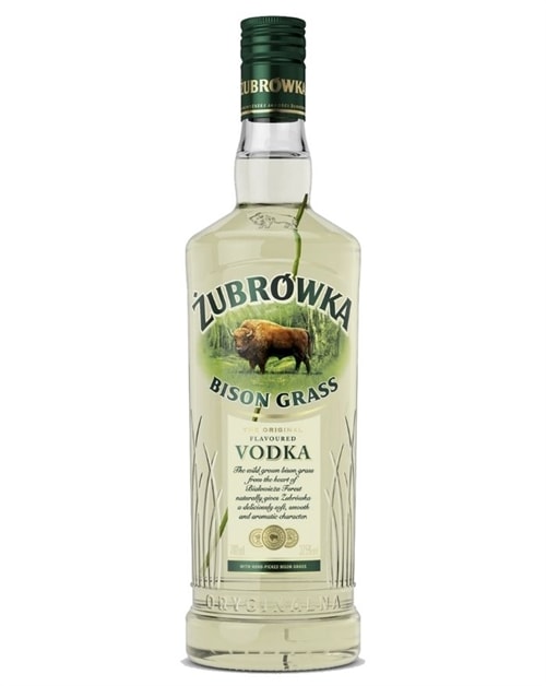 Zubrowka vodkaflaske med grønlig væske og et enkelt græsstrå i flasken