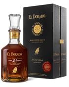 Mørk flaske med gyldent etiket og bred hals, El Dorado 25 år