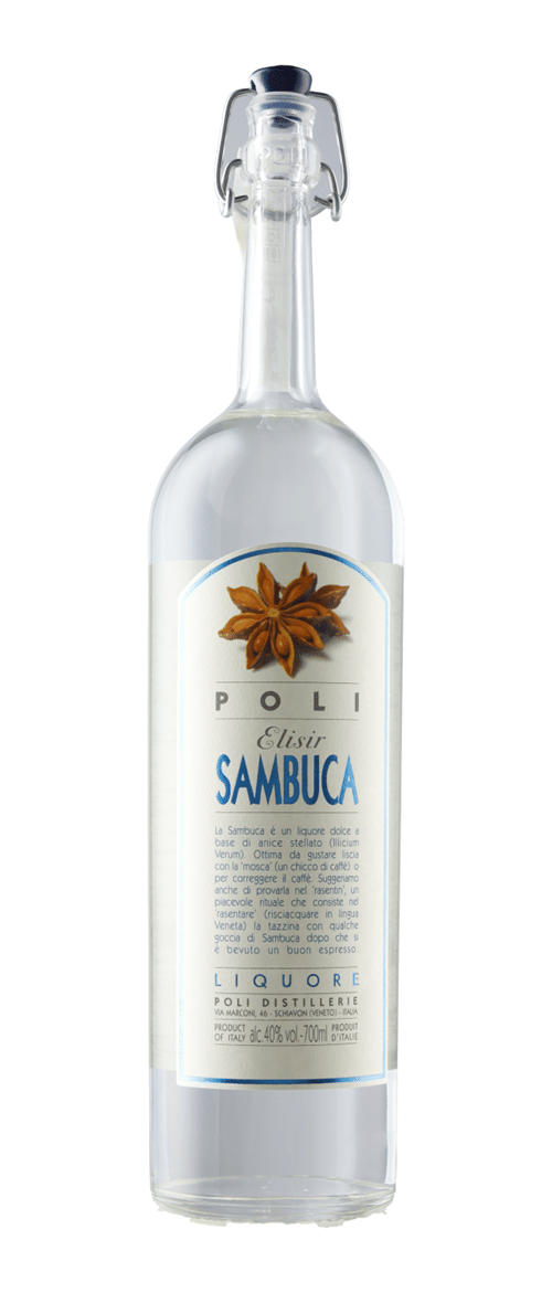 Flaske klar italiensk sambucalikør fra Poli
