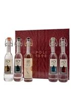 Fem flasker grappa fra Poli Baby Pack i papæske