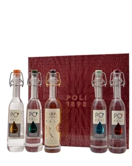 Fem flasker grappa fra Poli Baby Pack i papæske