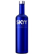 Kobaltblå Skyy Vodka flaske med sølvfarvet skrifttryk